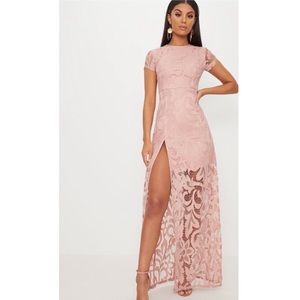 Nude lace Maxi dress with extreme split size 2 NWT